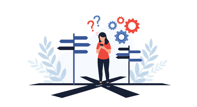 Young woman stands at a complex crossroads with multiple signposts and rotating gears while looking confused at her smartphone.