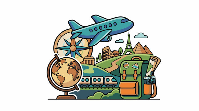 Colorful illustration of a travel scene with airplane, globe, train, and landmarks