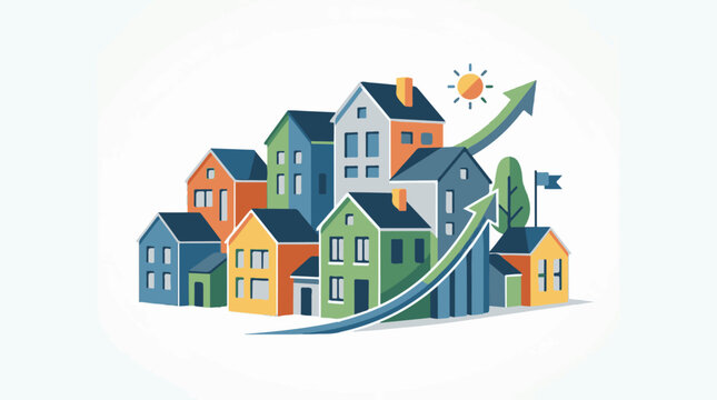 Colorful illustration of houses with a growing green arrow