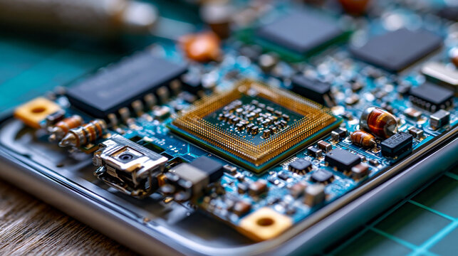 Close up of smartphone motherboard with processor and memory chips on repair mat showing mobile device engineering and compact electronics
