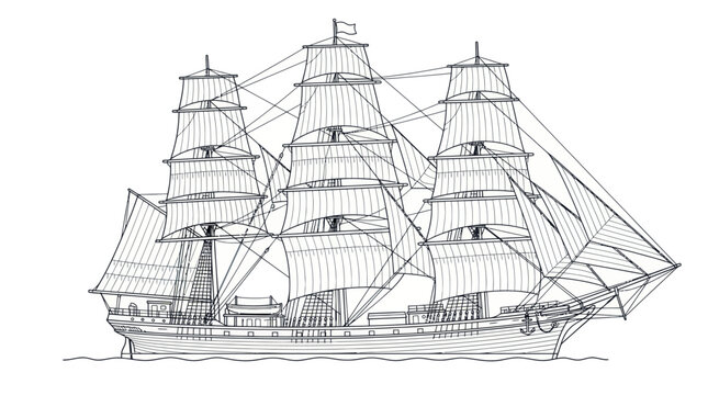 Vintage Tall Ship Line Art Illustration