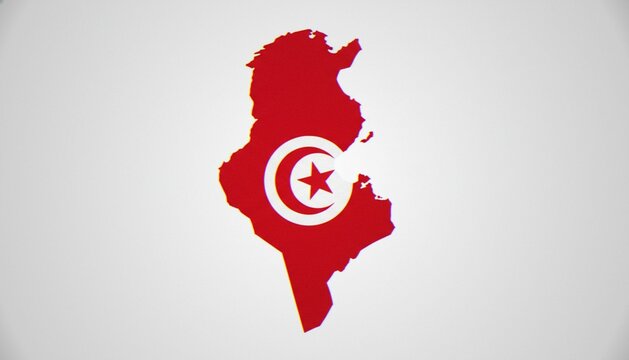 A flat map of Tunisia filled with the national flag, featuring a white circle containing a red star and crescent moon against a plain white background.