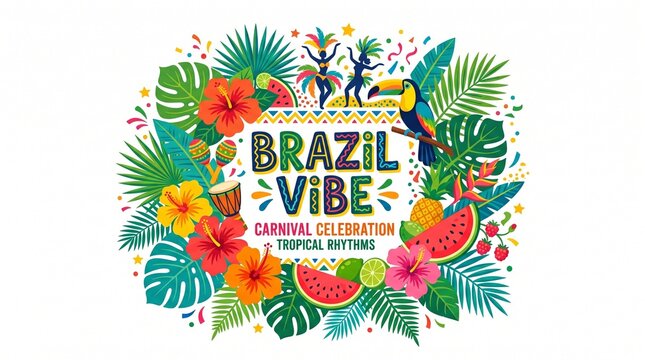 Brazil Vibe Carnival Celebration Banner with Tropical Leaves and Samba Dancer