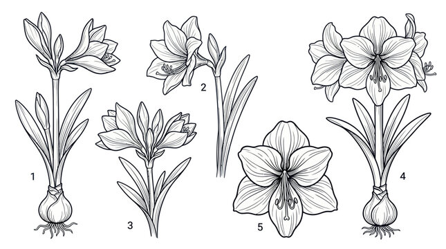 Amaryllis Flower Illustrations: Botanical Line Drawings of Blooming Plants