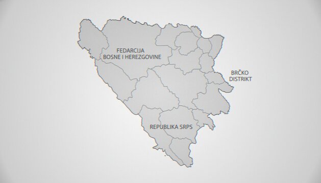 A high-level map of Bosnia and Herzegovina showing the Federation of Bosnia and Herzegovina, Republika Srpska, and Brcko District, isolated on a light grey background.