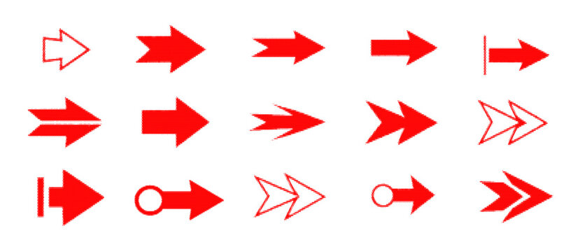Bright red curved arrow icons with silver outline isolated on transparent background set of directional bold arrow markers pointing right in various styles and shapes transparent png overlay upwards