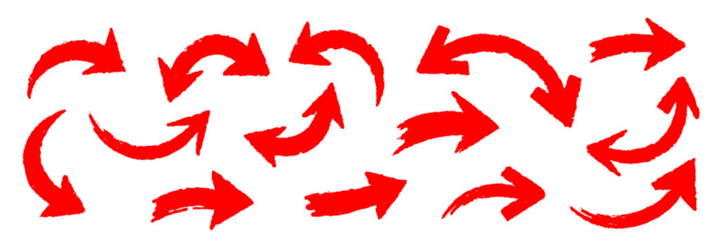 Bright red curved arrows hand-drawn brush stroke icons with bold marker style isolated on a transparent png overlay background directional pointer symbols arrow silver outline pointing upwards icon