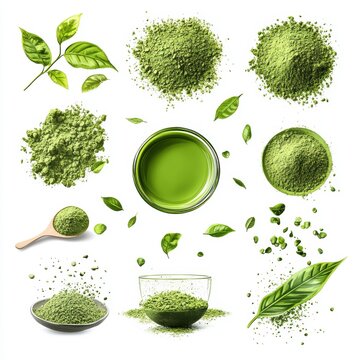 Matcha powder air isolated on white background,superfood powder,diet and healthy life,green tea powder,Japanese tea leaves,popular menu trendy, wellness concept.