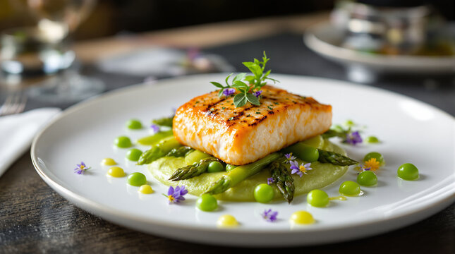 Grilled Salmon Fillet with Green Pea Puree and Asparagus Gourmet Dinner Served on a White Plate