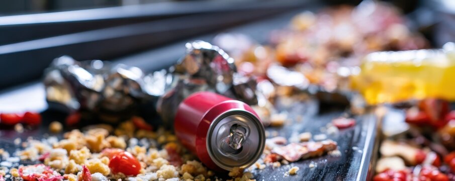 Red aluminum beverage can lying on  wooden surface scattered with food debris and trash