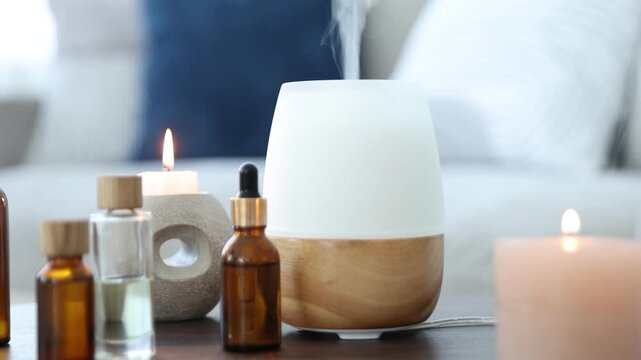 Aromatherapy. Modern aroma lamp, burning candles and bottles of essential oils on table indoors, closeup. Camera moving left