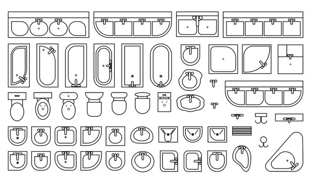Bathroom sanitary ware icons set 3, elements of sanitary graphics of washbasins, taps, bathtubs, sinks, urinals, toilets and commode for modern and elegant construction, taps top view