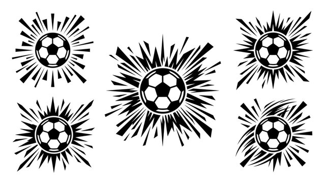 Black and white soccer ball vector icons with dynamic explosion and starburst rays for sports logo and emblem design