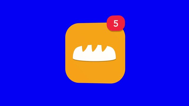 A 3D French baguette bread loaf bakery food delivery notification icon popping up and rotating on a blue screen chroma key background with a red number counter animation.