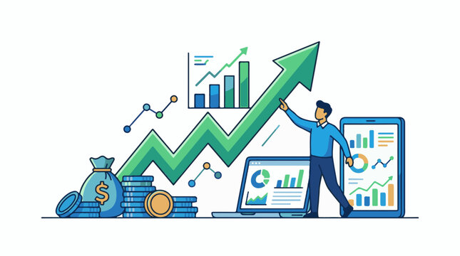 A man points to a large green arrow surrounded by financial and statistical graphics