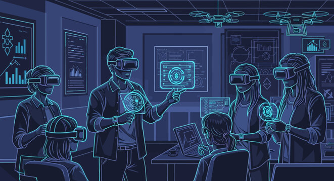 Diverse group of people experiencing virtual reality technology together in a modern classroom setting.