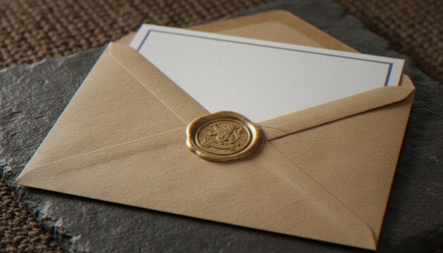 A close-up shot of a beige envelope sealed with a golden wax seal, featuring a blank card inside, placed on a dark stone surface.