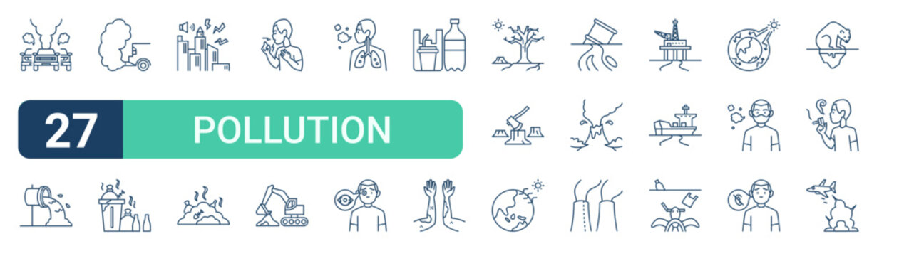 Set of 27 outline Pollution icons for modern UI, landing pages and digital services. Editable stroke collection with pollution, sewage, exhaust, excavator, deforestation and water pollution.