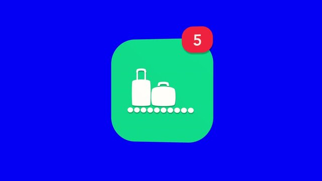 A 3D airport baggage claim carousel luggage belt delivery notification icon popping up and rotating on a blue screen chroma key background with a red number counter animation.