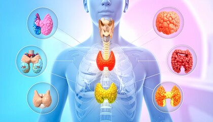 Naklejka premium Endocrine system diagram highlights the thyroid gland and various hormonal organs within a translucent human torso.
