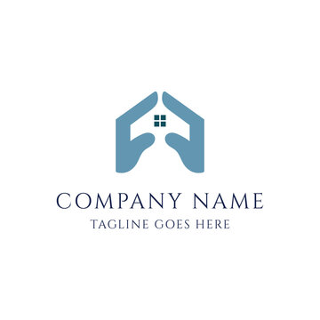 Blue Hand House Care Real Estate Logo Vector Template