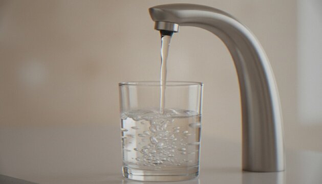 A close-up shot of a modern kitchen faucet pouring fresh, clear drinking water into a glass, showcasing purity and hydration.