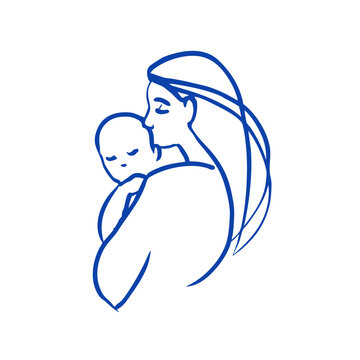 Happy Mother's Day crayon doodle logo. Mom and baby line art. Motherhood and newborn concept. Vector isolated illustration
