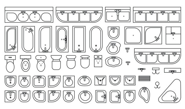 Bathroom sanitary ware icons set 3, elements of sanitary graphics of washbasins, taps, bathtubs, sinks, urinals, toilets and commode for modern and elegant construction, taps top view