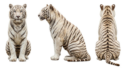 Fototapeta premium Three views of a white tiger sitting isolated on transparent background.