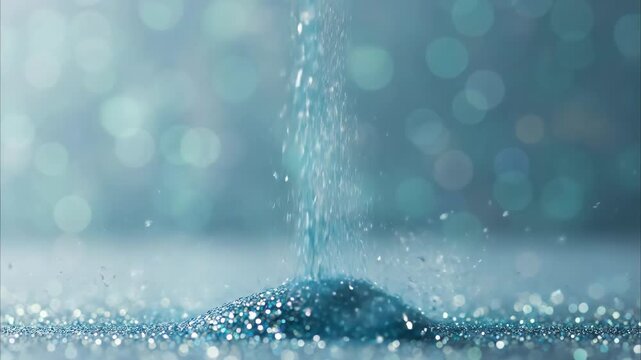 Sparkling blue glitter falling onto shiny surface. Abstract festive background with cool bokeh lights for party or holiday celebration