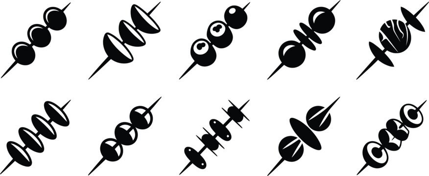 Black silhouette skewers vector set with assorted food shapes perfect for barbecue grill icons and culinary design