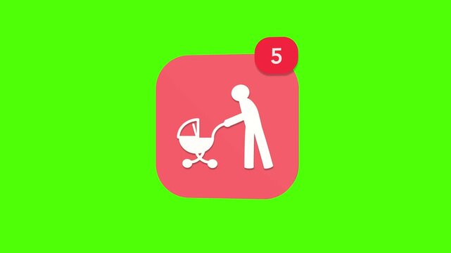 A 3D parent pushing baby stroller pram family walk care notification icon popping up and rotating on a green screen chroma key background with a red number counter animation.