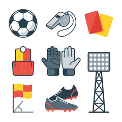 Collection of soccer referee and football equipment icons including ball, whistle, red and yellow cards, gloves, corner flag, stadium floodlight, substitute board, and soccer shoes.  © Adi