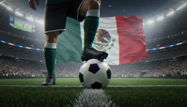 Low angle shot of a soccer player standing on a stadium pitch with a ball, featuring a large, waving Mexican flag in the background.