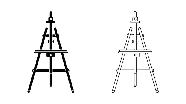 Wooden artist easel vector icons, professional studio tripod stand for painting, black silhouette and line art drawing equipment for gallery display