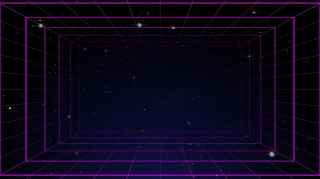 Dynamic golden countdown number sequence with festive sparkling fireworks exploding in a futuristic digital grid tunnel motion footage.