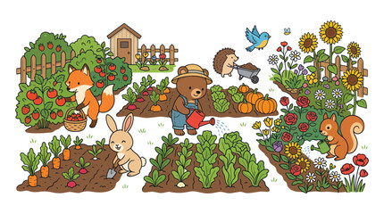Cute forest animals gardening and harvesting vegetables in a backyard