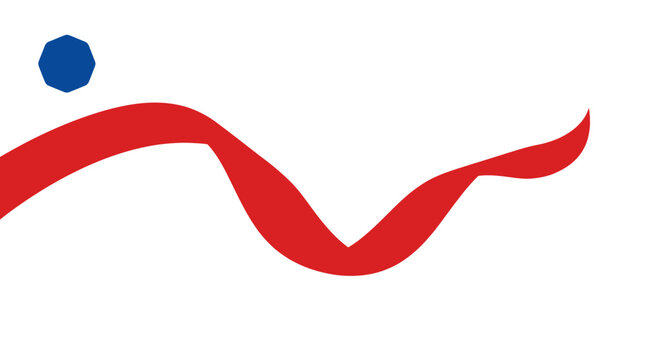 Abstract minimalist graphic design featuring a fluid red ribbon wave and a small blue geometric octagon shape symbol on a white background