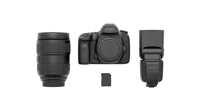 Top view flat lay of monochrome 3d clay camera equipment layout isolated on transparent background.