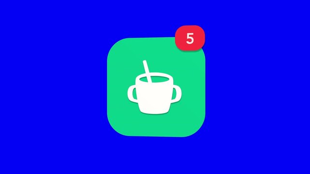 A 3D baby sippy cup with handles and straw toddler feeding fluid notification icon popping up and rotating on a blue screen chroma key background with a red number counter animation.