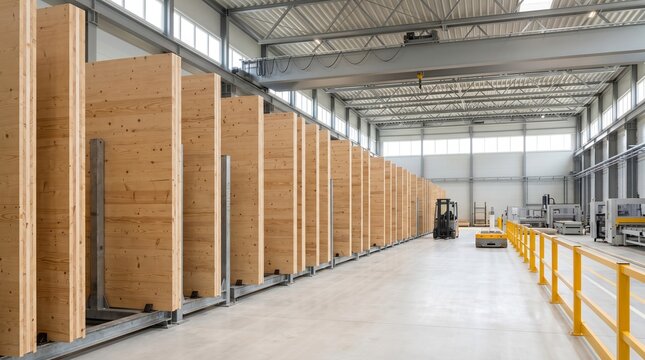 Engineered timber panel staging inside industrial wood manufacturing hall