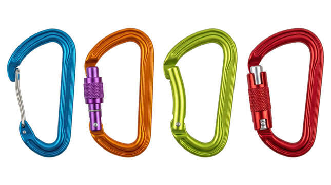 Four colorful metal climbing carabiners with locking gates isolated on transparent background.