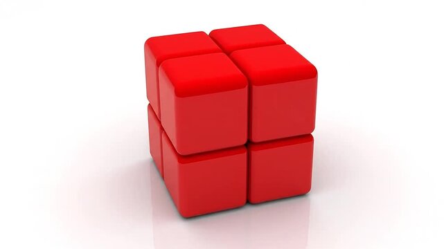 A stack of eight glossy red cubes arranged in a two by two grid on white