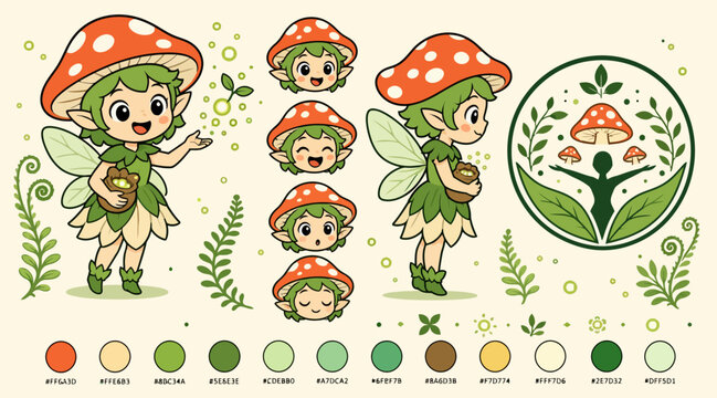 Whimsical Mushroom Fairy Character and Nature Icons Set.