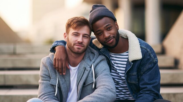 Two Young Men Sharing Support On Outdoor Steps Together