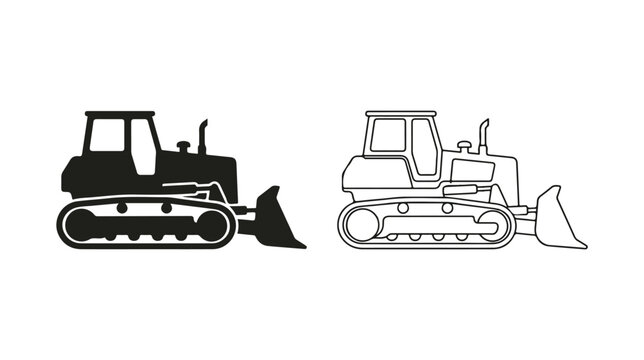 Heavy bulldozer vector silhouette and line art icons, industrial construction crawler tractor set, earthmoving machinery equipment for civil engineering