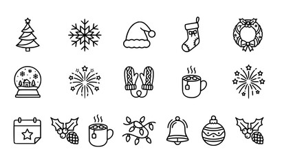 Christmas and Winter Holiday Line Art Icon Set with Tree, Snowflake, Santa Hat, Stocking, Wreath, Bell, and Festive Symbols for Xmas and Seasonal Design Projects © MdWajed