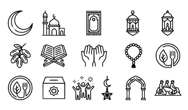 Islamic and Ramadan Line Art Icon Set with Mosque, Quran, Prayer, Lantern, Crescent, Rosary, and Muslim Symbols for Religious and Cultural Design Projects