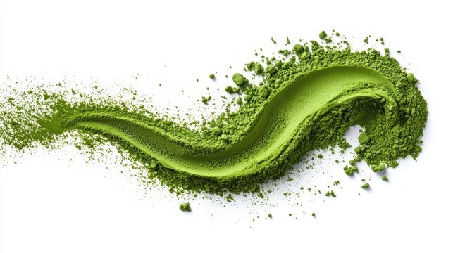 Matcha powder air isolated on white background,superfood powder,diet and healthy life,green tea powder,Japanese tea leaves,popular menu trendy, wellness concept.