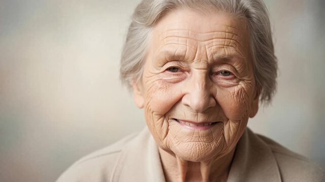 Portrait of happy elderly woman with grey hair. Close-up of senior female face with wrinkles smiling at camera. Aging, longevity and wisdom concept with copy space
